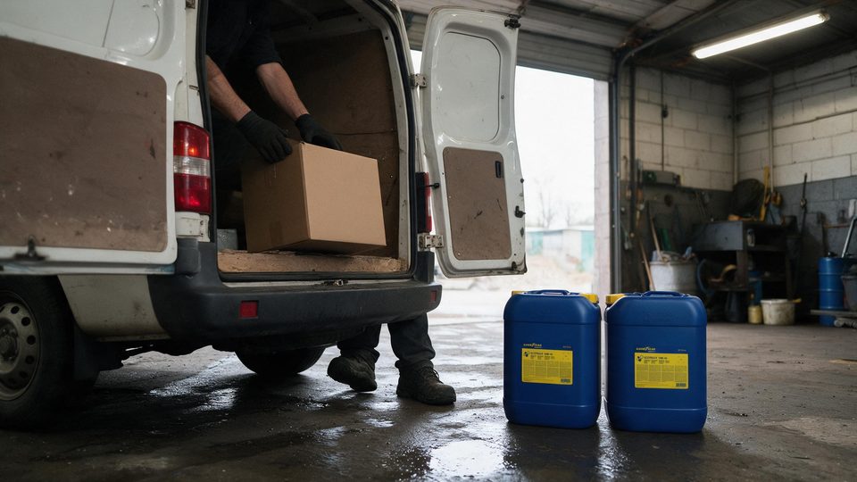 A van being unloaded in a garage bay, two Goodyear 20 L canisters on the floor