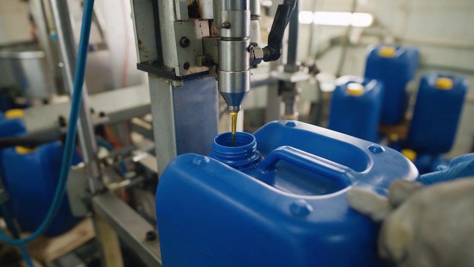 A blank blue canister being filled with oil on the line